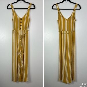 LOVE TREE Boho Mustard Yellow Striped Sleeveless Jumpsuit Womens Medium